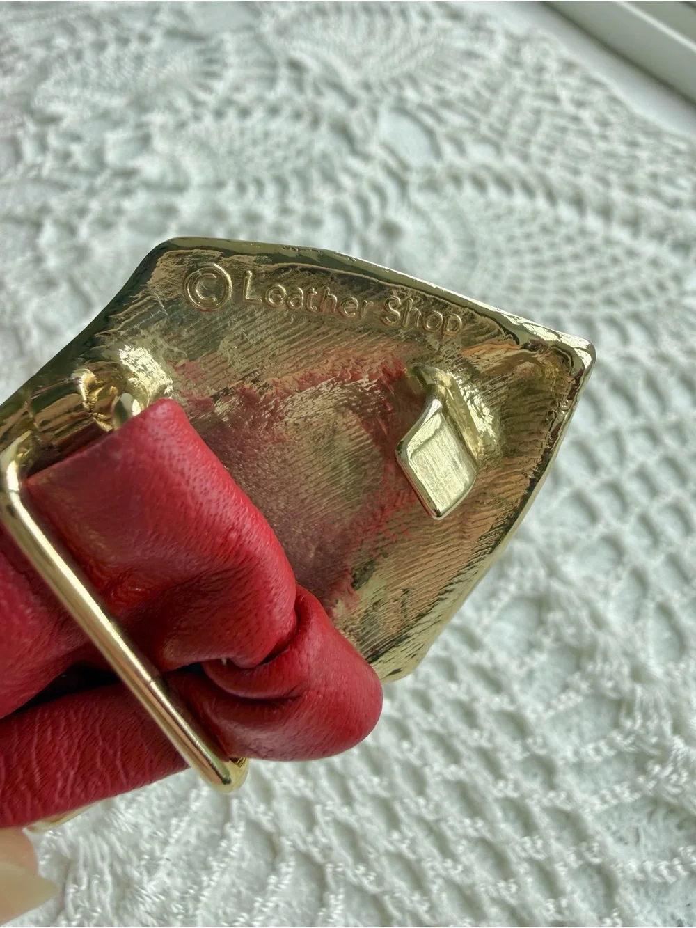 Vintage 80s Red Leather Statement Belt Gold Sculptural Buckle Adjustable